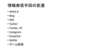 情報発信手段の変遷
• Web1.0
• Blog
• SNS
• Twitter
• Tumblr、RT
• Instagram
• SnapChat
• SNOW
• ゲーム配信
 