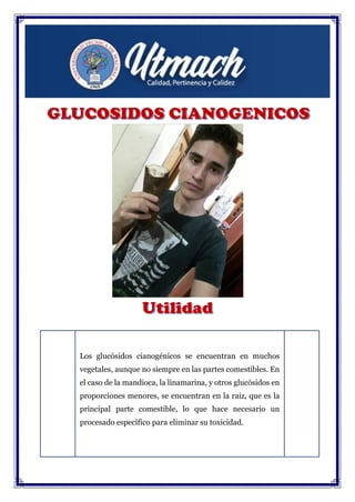 Los glucósidos cianogénicos se encuentran en muchos
vegetales, aunque no siempre en las partes comestibles. En
el caso de la mandioca, la linamarina, y otros glucósidos en
proporciones menores, se encuentran en la raiz, que es la
principal parte comestible, lo que hace necesario un
procesado específico para eliminar su toxicidad.
 