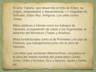 El ciclo Tebano, que desarrolla el mito de Edipo, su
orígen, antepasados y descendencia —> tragedias de
Sófocles: Edipo Rey, Antígona, Los siete contra
Tebas.
Mitos relativos a héroes como los trabajos de
Heracles, la expedición de Jasón y los Argonautas, el
laberinto del Minotauro (Teseo y Ariadna).
Mitos fundacionales como el de Prometeo y la caja de
Pandora, que trabajaremos junto con la obra de
Hesíodo.
Los mitos que contienen Metamorfosis, recogidos en
la obra del mismo nombre del poeta latino Ovidio,
como: Orfeo y Eurídice, Eco y Narciso, Apolo y Dafne,
etc
 