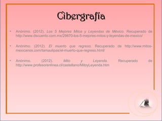 Cibergrafía
•   Anónimo. (2012). Los 5 Mejores Mitos y Leyendas de México. Recuperado de
    http://www.dscuento.com.mx/29870-los-5-mejores-mitos-y-leyendas-de-mexico/

•   Anónimo. (2012). El muerto que regreso. Recuperado de http://www.mitos-
    mexicanos.com/tamaulipas/el-muerto-que-regreso.html/

•   Anónimo.        (2012).       Mito       y      Leyenda.    Recuperado   de
    http://www.profesorenlinea.cl/castellano/MitoyLeyenda.htm
 
