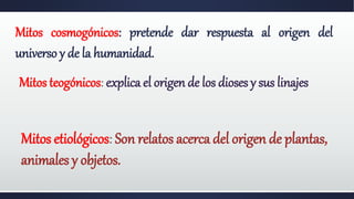 Mitos cosmogónicos: pretende dar respuesta al origen del
universo y de la humanidad.
Mitos teogónicos: explica el origen de los dioses y sus linajes
Mitos etiológicos: Son relatos acerca del origen de plantas,
animales y objetos.
 