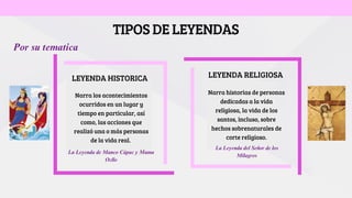 TIPOSDELEYENDAS
Narra historias de personas
dedicadas a la vida
religiosa, la vida de los
santos, incluso, sobre
hechos sobrenaturales de
corte religioso.
Narra los acontecimientos
ocurridos en un lugar y
tiempo en particular, así
como, las acciones que
realizó una o más personas
de la vida real.
LEYENDA HISTORICA
Por su tematica
LEYENDA RELIGIOSA
La Leyenda del Señor de los
Milagros
La Leyenda de Manco Cápac y Mama
Ocllo
 