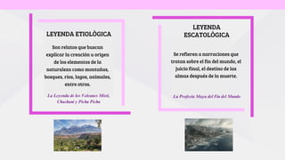 Se refieren a narraciones que
tratan sobre el fin del mundo, el
juicio final, el destino de las
almas después de la muerte.
Son relatos que buscan
explicar la creación u origen
de los elementos de la
naturaleza como montañas,
bosques, ríos, lagos, animales,
entre otros.
LEYENDA ETIOLÒGICA
LEYENDA
ESCATOLÒGICA
La Leyenda de los Volcanes Misti,
Chachani y Pichu Pichu
La Profecía Maya del Fin del Mundo
 