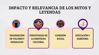 IMPACTO Y RELEVANCIA DE LOS MITOS Y
LEYENDAS
PERPETUIDAD DE
LA IDENTIDAD
CULTURAL
TRANSMICIÓN
DE VALORES Y
MORALEJAS
COHESIÓN
SOCIAL
EDUCACIÓN Y
SABIDURIA
 