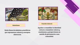 Simbolismo
Función Cultural:
Están llenos de símbolos y metáforas
que representan valores y conceptos
abstractos.
Ayudan a consolidar la identidad
cultural, transmiten valores y
enseñanzas, y proporcionan un
sentido de pertenencia a una
comunidad.
 