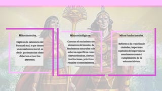 Refieren a la creación de
ciudades, imperios o
capitales de importancia,
usualmente como el
cumplimiento de la
voluntad divina.
Cuentan el nacimiento de
elementos del mundo, de
fenómenos naturales o de
saberes específicos como
ciertas técnicas, ciertas
instituciones, prácticas
rituales o conocimientos.
Explican la existencia del
bien y el mal, o que tienen
una enseñanza moral, es
decir, que enuncian cómo
deberían actuar las
personas.
Mitos morales. Mitos etiológicos. Mitos fundacionales.
 