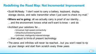 Redefining the Road Map: Not Incremental Improvement
• Scott McNealy: “I don’t want to carry a battery, keyboard, display,
storage device, and radio transmitter when I just want to check my mail.”
• Where we’re going: all we actually carry is proof of our identity…
…and the environment knows what we’ll want to know – and do
• Architect your solutions for…
Universal, high-speed connectivity
Ubiquitous processing power
Unlimited, intelligently indexed storage
…then adjust to limits of present technology
• The zeros and infinities will never be reached…but you won’t need to rip
up your design and start from scratch every three years
 