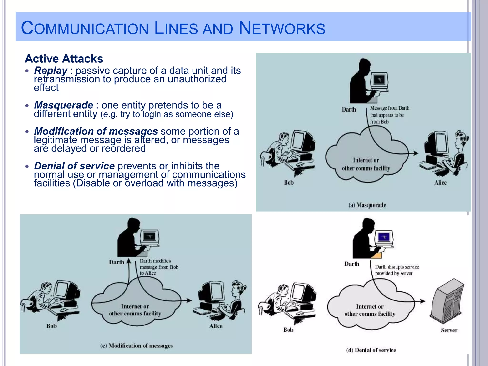 COMMUNICATION LINES AND NETWORKS
Active Attacks


Replay : passive capture of a data unit and its
retransmission to produce an unauthorized
effect



Masquerade : one entity pretends to be a
different entity (e.g. try to login as someone else)



Modification of messages some portion of a
legitimate message is altered, or messages
are delayed or reordered



Denial of service prevents or inhibits the
normal use or management of communications
facilities (Disable or overload with messages)

 