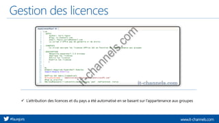 www.it-channels.com#faurejoris
Gestion des licences
✓ L’attribution des licences et du pays a été automatisé en se basant sur l’appartenance aux groupes
 