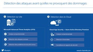 www.it-channels.com#faurejoris
Détection des attaques avant qu'elles ne provoquent des dommages
Microsoft Advanced Threat Analytics (ATA)
Analyse comportementale
Détection des attaques connues
Détection des problèmes de sécurité connus
Détection sur site
Cloud App Security + Azure Active Directory Premium
Analyse comportementale
Détection dans le Cloud
Détection d'anomalies
Surveillance et rapports de sécurité
 
