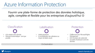 www.it-channels.com#faurejoris
Azure Information Protection
Fournir une plate-forme de protection des données holistique,
agile, complète et flexible pour les entreprises d'aujourd'hui ☺
Classification Labélisation Protection
Orchestration
 
