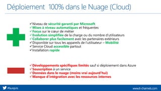 www.it-channels.com#faurejoris
Déploiement 100% dans le Nuage (Cloud)
✓Développements spécifiques limités sauf si déploiement dans Azure
✓Souscription à un service
✓Données dans le nuage (moins vrai aujourd’hui)
✓Manque d’intégration avec les ressources internes
✓Niveau de sécurité garanti par Microsoft
✓Mises à niveau automatiques et fréquentes
✓Focus sur le cœur de métier
✓Evolution simplifiée de la charge ou du nombre d’utilisateurs
✓Collaborer plus facilement avec les partenaires extérieurs
✓Disponible sur tous les appareils de l’utilisateur – Mobilité
✓Service Cloud accessible partout
✓Installation rapide
 