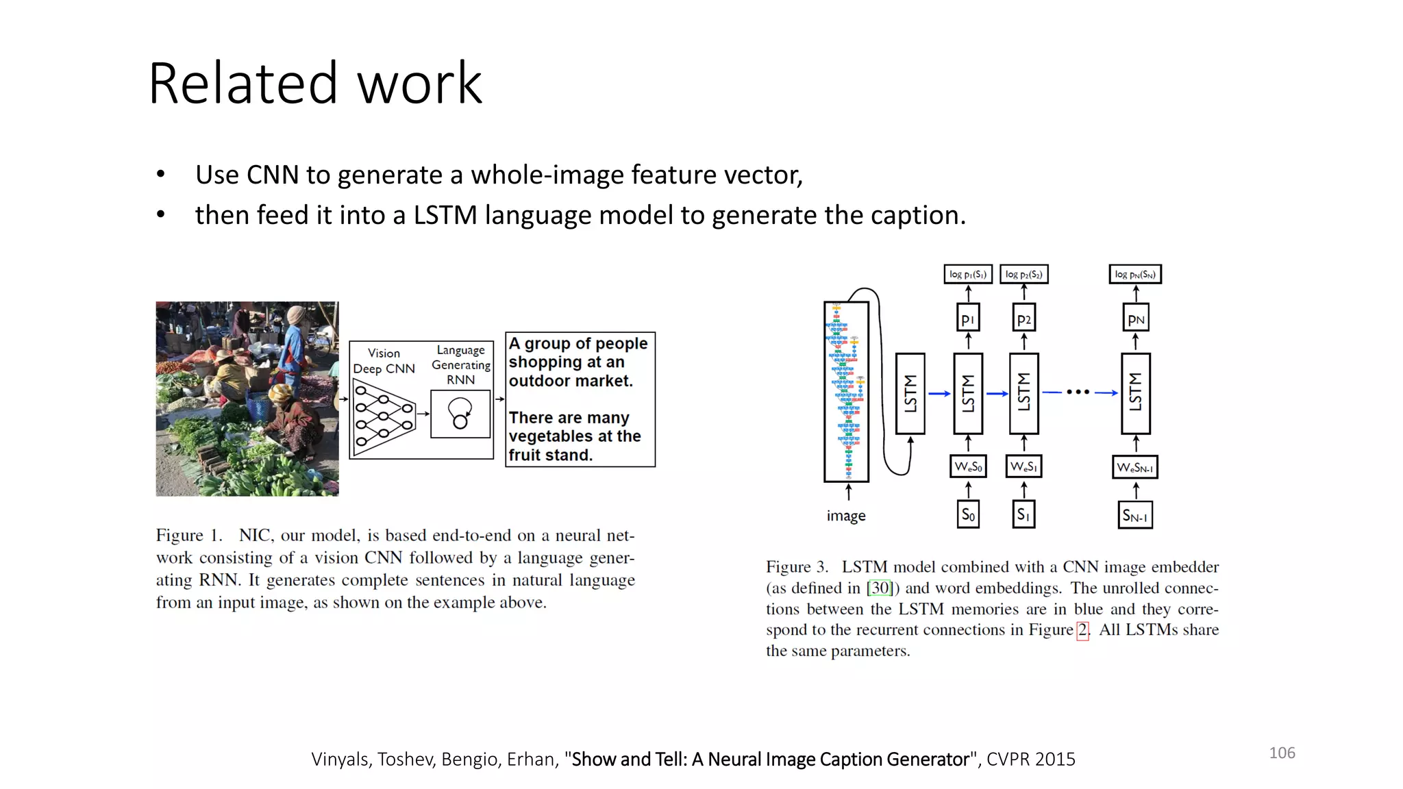 Vinyals, Toshev, Bengio, Erhan, "Show and Tell: A Neural Image Caption Generator", CVPR 2015
Related work
106
 