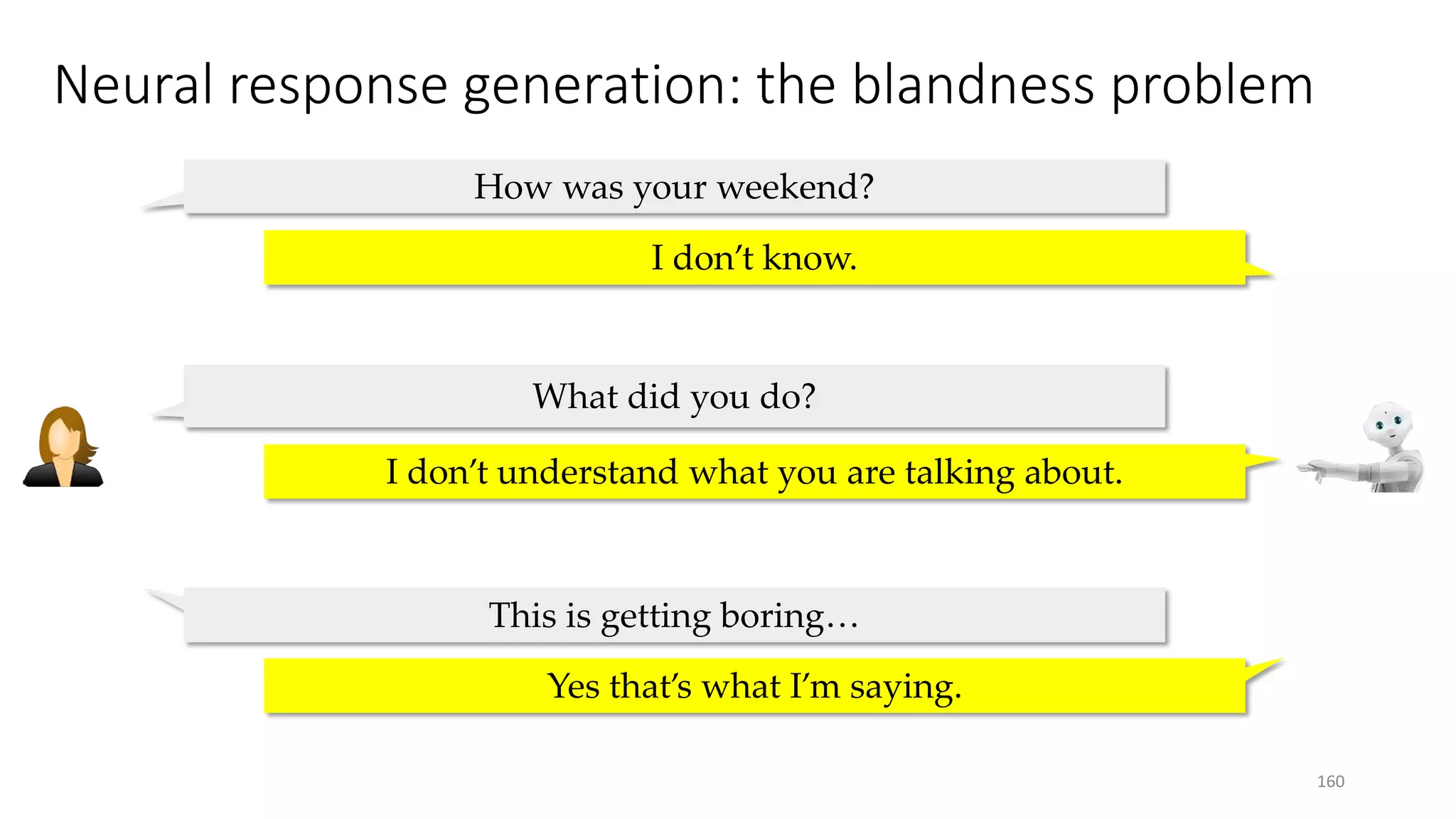 Neural response generation: the blandness problem
160
What did you do?
I don’t understand what you are talking about.
How was your weekend?
I don’t know.
This is getting boring…
Yes that’s what I’m saying.
 
