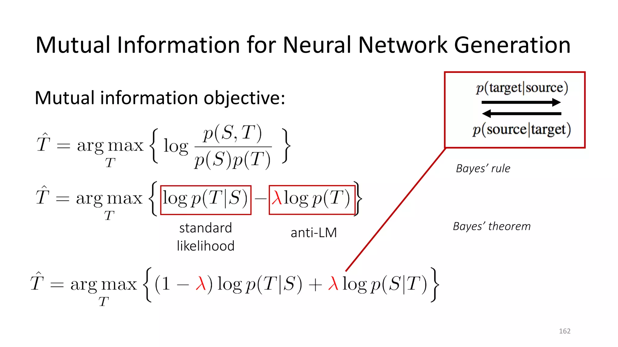 Mutual Information for Neural Network Generation
Mutual information objective:
Bayes’ rule
standard
likelihood
anti-LM Bayes’ theorem
162
 
