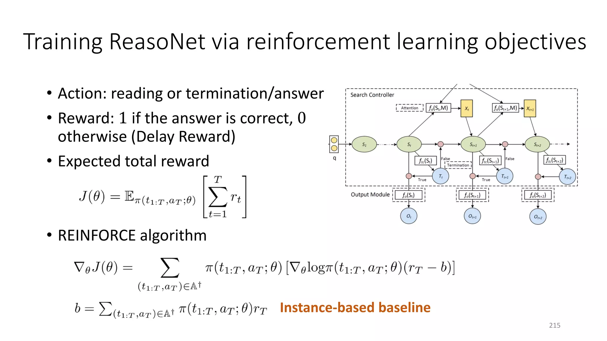 Training ReasoNet via reinforcement learning objectives
• Action: reading or termination/answer
• Reward: 1 if the answer is correct, 0
otherwise (Delay Reward)
• Expected total reward
• REINFORCE algorithm
Instance-based baseline
215
 