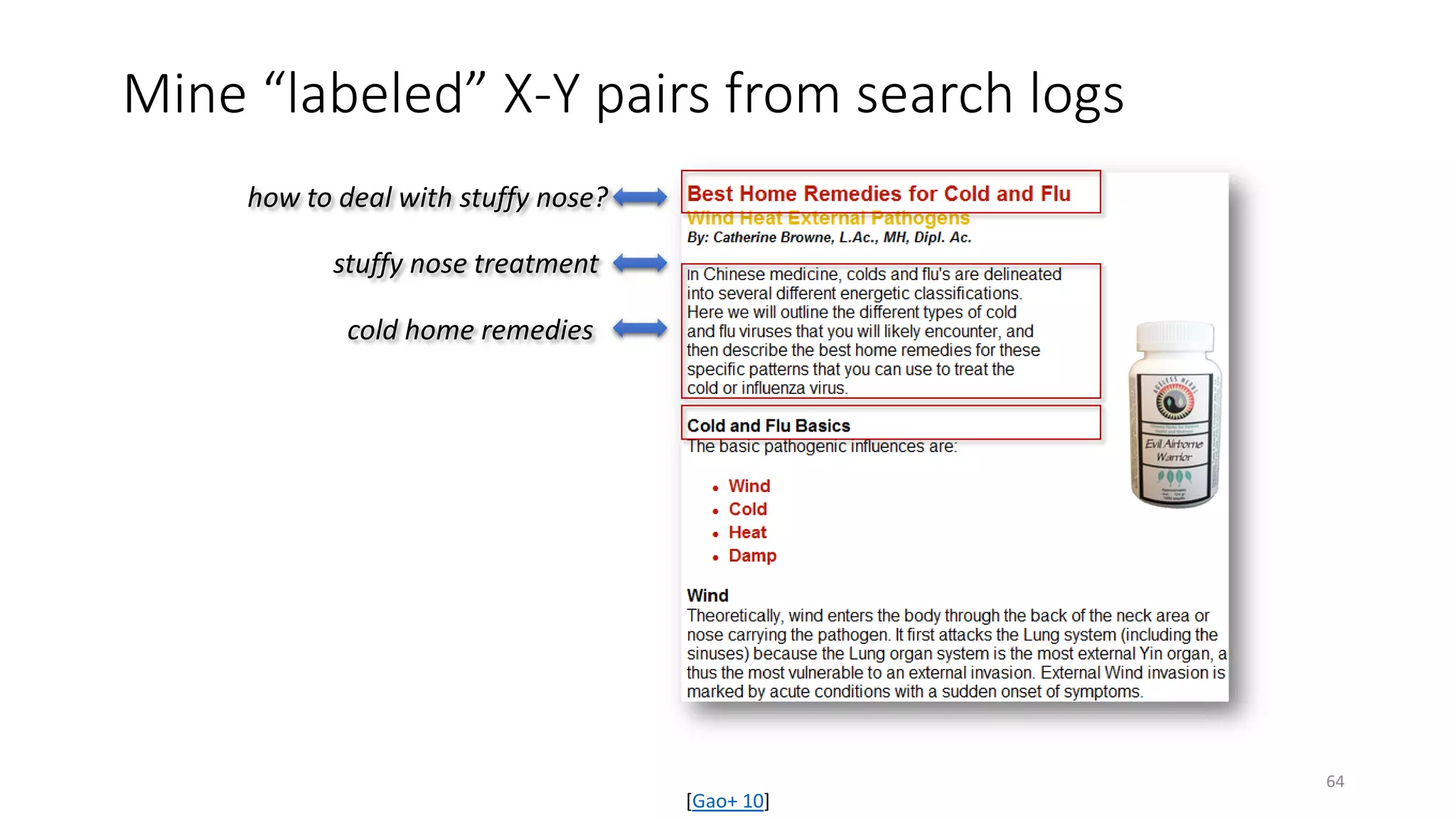 how to deal with stuffy nose?
stuffy nose treatment
cold home remedies
Mine “labeled” X-Y pairs from search logs
[Gao+ 10]
64
 