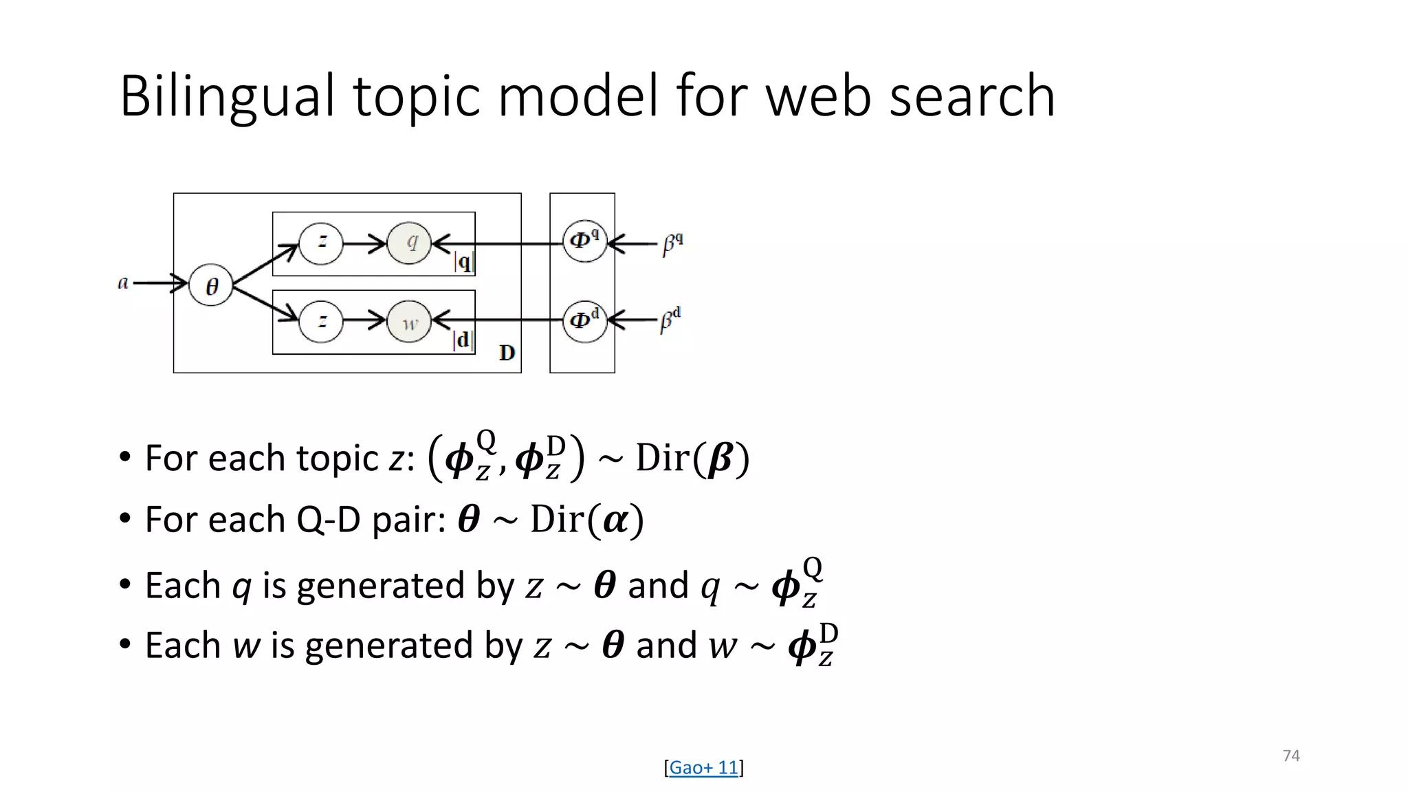 Bilingual topic model for web search
• For each topic z: 𝝓𝝓𝑧𝑧
Q
, 𝝓𝝓𝑧𝑧
D ~ Dir(𝜷𝜷)
• For each Q-D pair: 𝜽𝜽 ~ Dir(𝜶𝜶)
• Each q is generated by 𝑧𝑧 ~ 𝜽𝜽 and 𝑞𝑞 ~ 𝝓𝝓𝑧𝑧
Q
• Each w is generated by 𝑧𝑧 ~ 𝜽𝜽 and 𝑤𝑤 ~ 𝝓𝝓𝑧𝑧
D
[Gao+ 11]
74
 