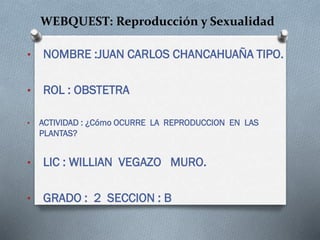 WEBQUEST: Reproducción y Sexualidad
•

NOMBRE :JUAN CARLOS CHANCAHUAÑA TIPO.

•

ROL : OBSTETRA

•

ACTIVIDAD : ¿Cómo OCURRE LA REPRODUCCION EN LAS
PLANTAS?

•

LIC : WILLIAN VEGAZO MURO.

•

GRADO : 2 SECCION : B

 