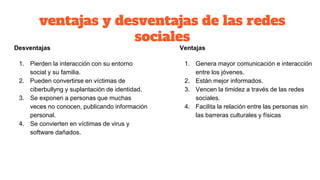 ventajas y desventajas de las redes
sociales
Desventajas
1. Pierden la interacción con su entorno
social y su familia.
2. Pueden convertirse en víctimas de
ciberbullyng y suplantación de identidad.
3. Se exponen a personas que muchas
veces no conocen, publicando información
personal.
4. Se convierten en víctimas de virus y
software dañados.
Ventajas
1. Genera mayor comunicación e interacción
entre los jóvenes.
2. Están mejor informados.
3. Vencen la timidez a través de las redes
sociales.
4. Facilita la relación entre las personas sin
las barreras culturales y físicas
 
