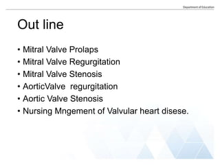 Out line
• Mitral Valve Prolaps
• Mitral Valve Regurgitation
• Mitral Valve Stenosis
• AorticValve regurgitation
• Aortic Valve Stenosis
• Nursing Mngement of Valvular heart disese.
 