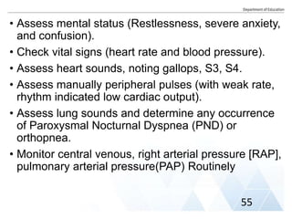 • Assess mental status (Restlessness, severe anxiety,
and confusion).
• Check vital signs (heart rate and blood pressure).
• Assess heart sounds, noting gallops, S3, S4.
• Assess manually peripheral pulses (with weak rate,
rhythm indicated low cardiac output).
• Assess lung sounds and determine any occurrence
of Paroxysmal Nocturnal Dyspnea (PND) or
orthopnea.
• Monitor central venous, right arterial pressure [RAP],
pulmonary arterial pressure(PAP) Routinely
55
 