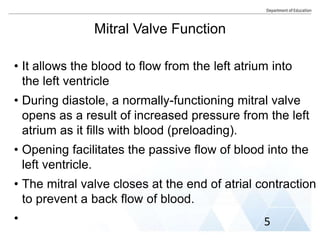 Mitral Valve Function
• It allows the blood to flow from the left atrium into
the left ventricle
• During diastole, a normally-functioning mitral valve
opens as a result of increased pressure from the left
atrium as it fills with blood (preloading).
• Opening facilitates the passive flow of blood into the
left ventricle.
• The mitral valve closes at the end of atrial contraction
to prevent a back flow of blood.
• 5
 
