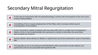Secondary Mitral Regurgitation
In the case of nonischemic MR, the pathophysiology is similar with the exception of the root cause
of the LV abnormalities
remodeling of the LV causes displacement of the PM(s), which increases tethering and
malcoaptation of the leaflets).
In the nonischemic subset of patients with secondary MR, there is usually more homogeneous
dilation of the LV but fundamentally, the mechanism is similar to that when the ventricular
abnormalities are ischemic.
annular dilation alone without LV dilation or dysfunction can be the mechanistic cause of secondary
MR.
This typically occurs in the setting of atrial fibrillation with concomitant annular dilation and
dysfunction and can be associated with significant MR.
 