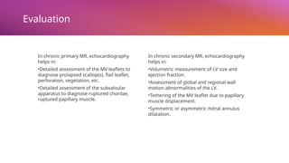Evaluation
In chronic primary MR, echocardiography
helps in:
•Detailed assessment of the MV leaflets to
diagnose prolapsed scallop(s), flail leaflet,
perforation, vegetation, etc.
•Detailed assessment of the subvalvular
apparatus to diagnose ruptured chordae,
ruptured papillary muscle.
In chronic secondary MR, echocardiography
helps in:
•Volumetric measurement of LV size and
ejection fraction.
•Assessment of global and regional wall
motion abnormalities of the LV.
•Tethering of the MV leaflet due to papillary
muscle displacement.
•Symmetric or asymmetric mitral annulus
dilatation.
 