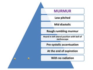 MURMUR
Low pitched
Mid diastolic
Rough rumbling murmur
Heard in left lateral position with bell of
stethoscope
Pre-systolic accentuation
At the end of expiration
With no radiation
 