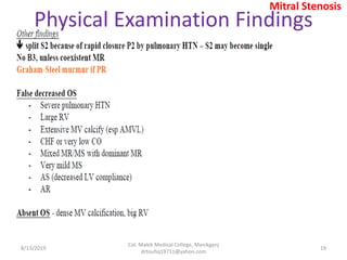 8/13/2019
Col. Malek Medical College, Manikganj
drtoufiq19711@yahoo.com
19
Physical Examination Findings
Mitral Stenosis
 