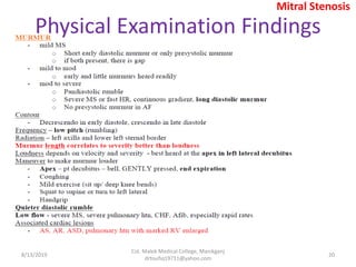 8/13/2019
Col. Malek Medical College, Manikganj
drtoufiq19711@yahoo.com
20
Physical Examination Findings
Mitral Stenosis
 