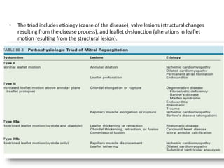 • The triad includes etiology (cause of the disease), valve lesions (structural changes
resulting from the disease process), and leaflet dysfunction (alterations in leaflet
motion resulting from the structural lesion).
 