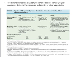 • Two-dimensional echocardiography via transthoracic and transesophageal
approaches delineate the mechanism and severity of mitral regurgitation
 