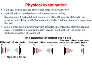 Physical examination
• S1 is usually loud because of increased force in closing the MV.
• S2 (P2) loud and late If pulmonary hypertension secondary
• Opening snap: A high-pitch additional sound after S2( severity of the MS , the
pressure in the  LA , and MV opens earlier, leaflets suddenly tense and dome into
the LVd.
• A mid-diastolic rumbling murmur with presystolic accentuation after the opening
snap. The diastolic murmur is low-pitch sound, heard best with the bell of the
stethoscope, rolling pt toward left
 