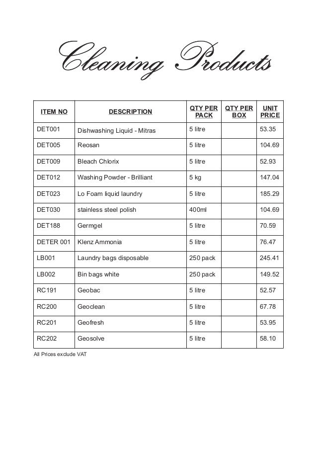 cleaning products price list
