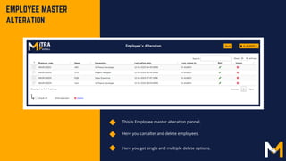This is Employee master alteration pannel.
Here you can alter and delete employees.
EMPLOYEE MA﻿
STER
ALTERATION
Here you get single and multiple delete options.
 