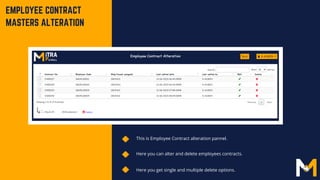 EMPLOYEE CONTRACT
MASTERS ALTERATION
This is Employee Contract alteration pannel.
Here you can alter and delete employees contracts.
Here you get single and multiple delete options.
 