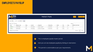 EMPLOYEE'S PAYSLIP
Here you can see employees payslip by clicking on view button.
This is employees payslip master pannel.
This pannel is customizable as per your requirements.
 