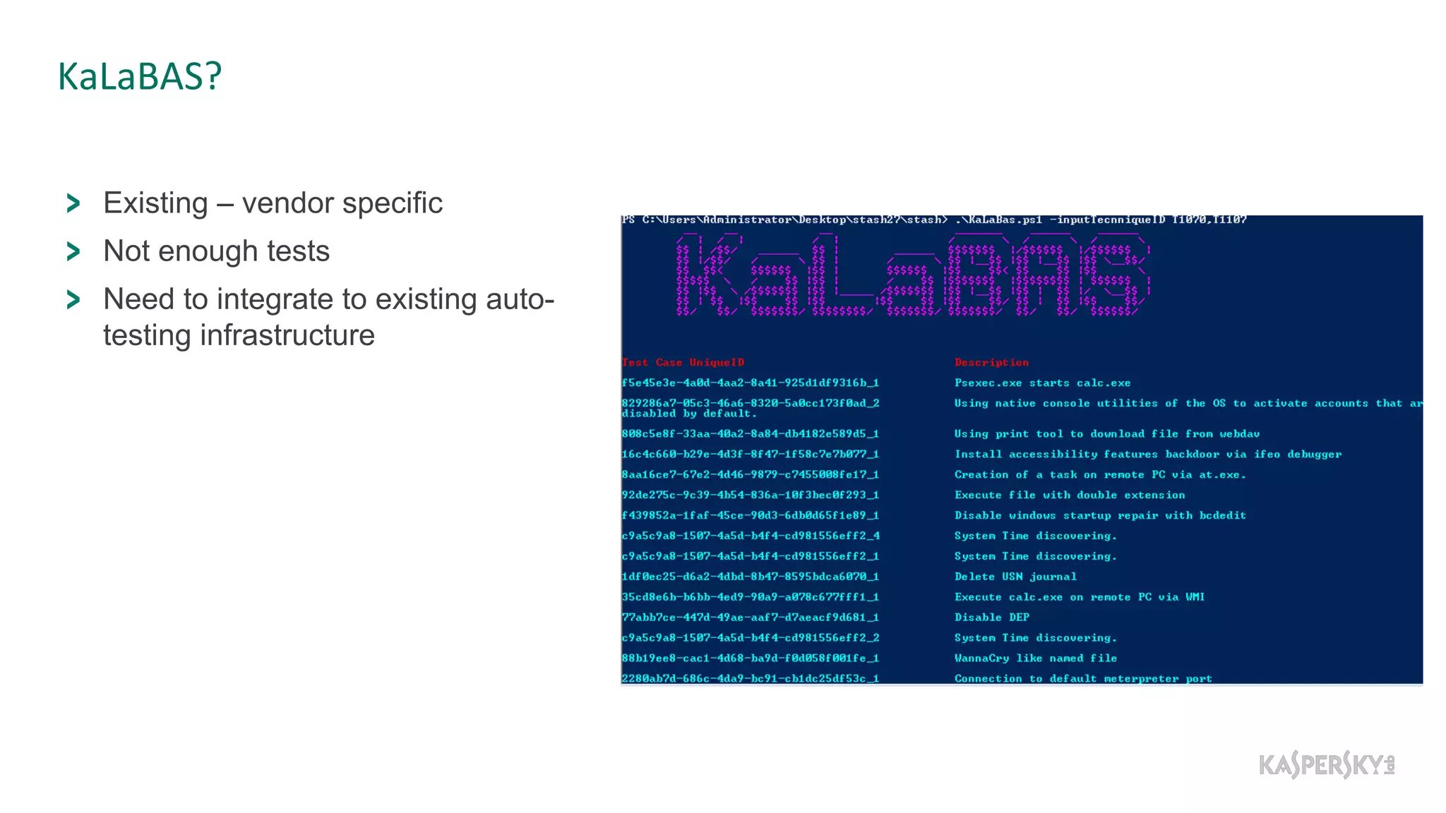 KaLaBAS?
Existing – vendor specific
Not enough tests
Need to integrate to existing auto-
testing infrastructure
 
