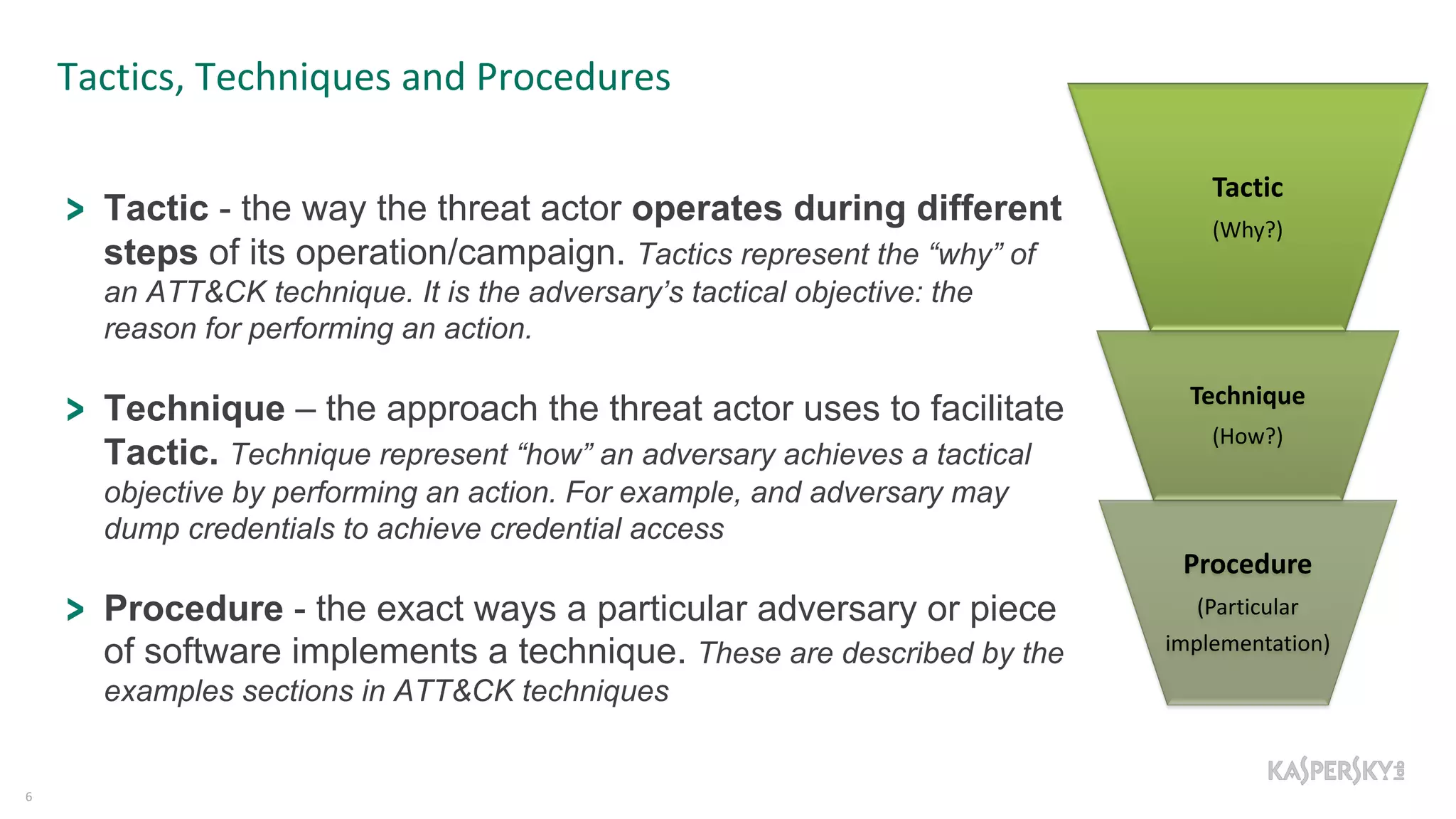 Tactics, Techniques and Procedures
6
Tactic - the way the threat actor operates during different
steps of its operation/campaign. Tactics represent the “why” of
an ATT&CK technique. It is the adversary’s tactical objective: the
reason for performing an action.
Technique – the approach the threat actor uses to facilitate
Tactic. Technique represent “how” an adversary achieves a tactical
objective by performing an action. For example, and adversary may
dump credentials to achieve credential access
Procedure - the exact ways a particular adversary or piece
of software implements a technique. These are described by the
examples sections in ATT&CK techniques
Tactic
(Why?)
Technique
(How?)
Procedure
(Particular
implementation)
 