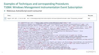 Examples of Techniques and corresponding Procedures
T1084: Windows Management Instrumentation Event Subscription
26
Malicious ActiveScript event consumer
 