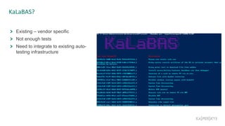 KaLaBAS?
Existing – vendor specific
Not enough tests
Need to integrate to existing auto-
testing infrastructure
 