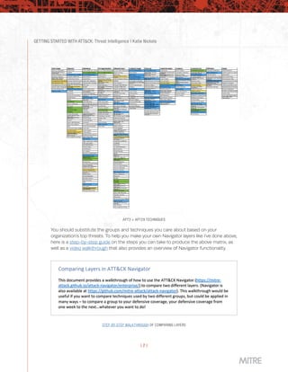 GETTING STARTED WITH ATT&CK: Threat Intelligence | Katie Nickels
| 7 |
APT3 + APT29 TECHNIQUES
You should substitute the groups and techniques you care about based on your
organization’s top threats. To help you make your own Navigator layers like I’ve done above,
here is a step-by-step guide on the steps you can take to produce the above matrix, as
well as a video walkthrough that also provides an overview of Navigator functionality.
STEP-BY-STEP WALKTHROUGH OF COMPARING LAYERS
 