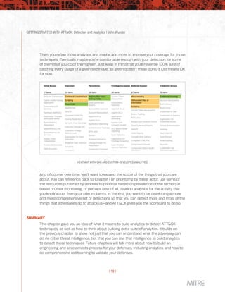 GETTING STARTED WITH ATT&CK: Detection and Analytics | John Wunder
| 18 |
Then, you refine those analytics and maybe add more to improve your coverage for those
techniques. Eventually, maybe you’re comfortable enough with your detection for some
of them that you color them green. Just keep in mind that you’ll never be 100% sure of
catching every usage of a given technique, so green doesn’t mean done, it just means OK
for now.
HEATMAP WITH CAR AND CUSTOM-DEVELOPED ANALYTICS
And of course, over time, you’ll want to expand the scope of the things that you care
about. You can reference back to Chapter 1 on prioritizing by threat actor, use some of
the resources published by vendors to prioritize based on prevalence of the technique
based on their monitoring, or perhaps best of all, develop analytics for the activity that
you know about from your own incidents. In the end, you want to be developing a more
and more comprehensive set of detections so that you can detect more and more of the
things that adversaries do to attack us—and ATT&CK gives you the scorecard to do so.
SUMMARY
This chapter gave you an idea of what it means to build analytics to detect ATT&CK
techniques, as well as how to think about building out a suite of analytics. It builds on
the previous chapter to show not just that you can understand what the adversary can
do via cyber threat intelligence, but that you can use that intelligence to build analytics
to detect those techniques. Future chapters will talk more about how to build an
engineering and assessments process for your defenses, including analytics, and how to
do comprehensive red teaming to validate your defenses.
 