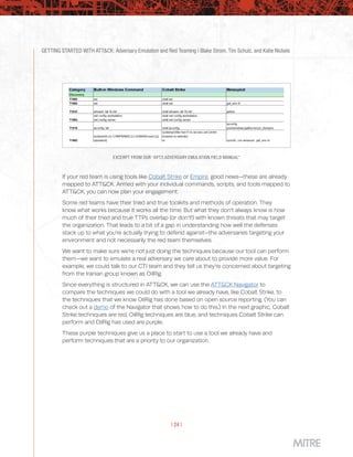 GETTING STARTED WITH ATT&CK: Adversary Emulation and Red Teaming | Blake Strom, Tim Schulz, and Katie Nickels
| 24 |
EXCERPT FROM OUR “APT3 ADVERSARY EMULATION FIELD MANUAL”
If your red team is using tools like Cobalt Strike or Empire, good news—these are already
mapped to ATT&CK. Armed with your individual commands, scripts, and tools mapped to
ATT&CK, you can now plan your engagement.
Some red teams have their tried and true toolkits and methods of operation. They
know what works because it works all the time. But what they don’t always know is how
much of their tried and true TTPs overlap (or don’t!) with known threats that may target
the organization. That leads to a bit of a gap in understanding how well the defenses
stack up to what you’re actually trying to defend against—the adversaries targeting your
environment and not necessarily the red team themselves.
We want to make sure we’re not just doing the techniques because our tool can perform
them—we want to emulate a real adversary we care about to provide more value. For
example, we could talk to our CTI team and they tell us they’re concerned about targeting
from the Iranian group known as OilRig.
Since everything is structured in ATT&CK, we can use the ATT&CK Navigator to
compare the techniques we could do with a tool we already have, like Cobalt Strike, to
the techniques that we know OilRig has done based on open source reporting. (You can
check out a demo of the Navigator that shows how to do this.) In the next graphic, Cobalt
Strike techniques are red, OilRig techniques are blue, and techniques Cobalt Strike can
perform and OilRig has used are purple.
These purple techniques give us a place to start to use a tool we already have and
perform techniques that are a priority to our organization.
 