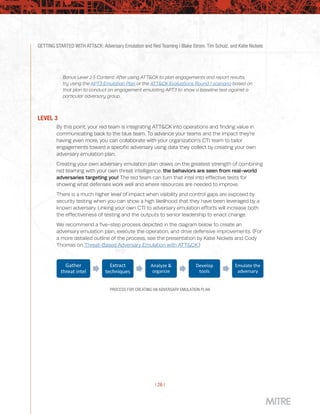GETTING STARTED WITH ATT&CK: Adversary Emulation and Red Teaming | Blake Strom, Tim Schulz, and Katie Nickels
| 26 |
Bonus Level 2.5 Content: After using ATT&CK to plan engagements and report results,
try using the APT3 Emulation Plan or the ATT&CK Evaluations Round 1 scenario based on
that plan to conduct an engagement emulating APT3 to show a baseline test against a
particular adversary group.
LEVEL 3
By this point, your red team is integrating ATT&CK into operations and finding value in
communicating back to the blue team. To advance your teams and the impact they’re
having even more, you can collaborate with your organization’s CTI team to tailor
engagements toward a specific adversary using data they collect by creating your own
adversary emulation plan.
Creating your own adversary emulation plan draws on the greatest strength of combining
red teaming with your own threat intelligence: the behaviors are seen from real-world
adversaries targeting you! The red team can turn that intel into effective tests for
showing what defenses work well and where resources are needed to improve.
There is a much higher level of impact when visibility and control gaps are exposed by
security testing when you can show a high likelihood that they have been leveraged by a
known adversary. Linking your own CTI to adversary emulation efforts will increase both
the effectiveness of testing and the outputs to senior leadership to enact change.
We recommend a five-step process depicted in the diagram below to create an
adversary emulation plan, execute the operation, and drive defensive improvements. (For
a more detailed outline of the process, see the presentation by Katie Nickels and Cody
Thomas on Threat-Based Adversary Emulation with ATT&CK.)
PROCESS FOR CREATING AN ADVERSARY EMULATION PLAN
 