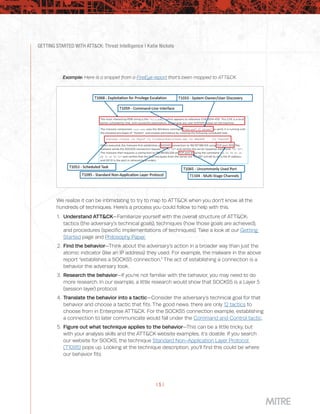 GETTING STARTED WITH ATT&CK: Threat Intelligence | Katie Nickels
| 5 |
Example: Here is a snippet from a FireEye report that’s been mapped to ATT&CK.
We realize it can be intimidating to try to map to ATT&CK when you don’t know all the
hundreds of techniques. Here’s a process you could follow to help with this.
1.	 Understand ATT&CK—Familiarize yourself with the overall structure of ATT&CK:
tactics (the adversary’s technical goals), techniques (how those goals are achieved),
and procedures (specific implementations of techniques). Take a look at our Getting
Started page and Philosophy Paper.
2.	 Find the behavior—Think about the adversary’s action in a broader way than just the
atomic indicator (like an IP address) they used. For example, the malware in the above
report “establishes a SOCKS5 connection.” The act of establishing a connection is a
behavior the adversary took.
3.	 Research the behavior—If you’re not familiar with the behavior, you may need to do
more research. In our example, a little research would show that SOCKS5 is a Layer 5
(session layer) protocol.
4.	 Translate the behavior into a tactic—Consider the adversary’s technical goal for that
behavior and choose a tactic that fits. The good news: there are only 12 tactics to
choose from in Enterprise ATT&CK. For the SOCKS5 connection example, establishing
a connection to later communicate would fall under the Command and Control tactic.
5.	 Figure out what technique applies to the behavior—This can be a little tricky, but
with your analysis skills and the ATT&CK website examples, it’s doable. If you search
our website for SOCKS, the technique Standard Non-Application Layer Protocol
(T1095) pops up. Looking at the technique description, you’ll find this could be where
our behavior fits.
 