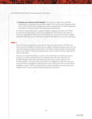GETTING STARTED WITH ATT&CK: Threat Intelligence | Katie Nickels
| 6 |
6.	Compare your results to other analysts—Of course, you might have a different
interpretation of a behavior than another analyst. This is normal, and it happens all the
time on the ATT&CK team! I’d highly recommend comparing your ATT&CK mapping of
information to another analyst’s and discussing any differences.
For those CTI teams who have a couple of analysts, mapping information to ATT&CK
yourself can be a good way to ensure you’re getting the most relevant information to
meet your organization’s requirements. From there, you can pass the ATT&CK-mapped
adversary information to your defenders to inform their defenses, as we discussed above.
LEVEL 3
If your CTI team is advanced, you can start to map more information to ATT&CK, and
then use that information to prioritize how you defend. Taking the above process, you can
map both internal and external information to ATT&CK, including incident response data,
reports from OSINT or threat intel subscriptions, real-time alerts, and your organization’s
historic information.
Once you’ve mapped this data, you can do some cool things to compare groups and
prioritize commonly used techniques. For example, take this matrix view from the
ATT&CK Navigator that I previously shared with techniques we’ve mapped on the
ATT&CK website. Techniques used only by APT3 are highlighted in blue; the ones used
only by APT29 are highlighted in yellow, and the ones used by both APT3 and APT29 are
highlighted in green. (All this is based solely on publicly available information that we’ve
mapped, which is only a subset of what those groups have done.)
 