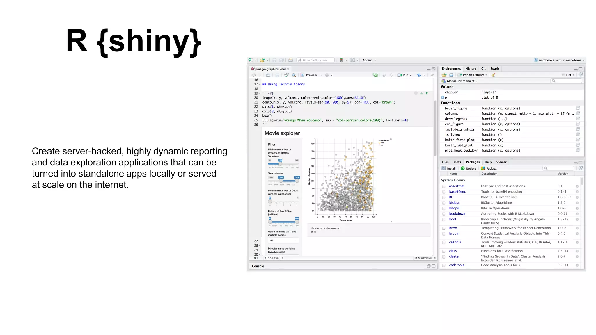 Create server-backed, highly dynamic reporting
and data exploration applications that can be
turned into standalone apps locally or served
at scale on the internet.
R {shiny}
 